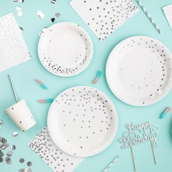 Talerzyki papierowe w srebrne kropki 18cm 6szt