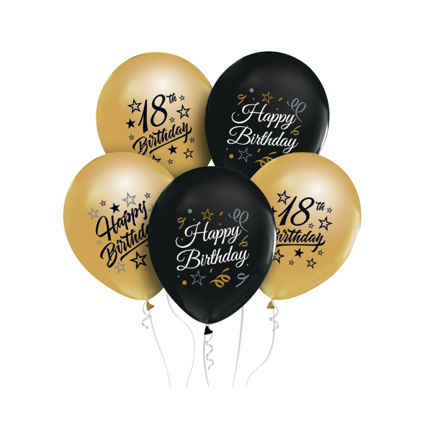 Balony Beauty&Charm 12cali z nadrukiem "18" złote i czarne 5szt