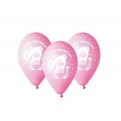 Balony pastelowe "Moje 1 urodziny z misiem" różowe 12cali 30cm 5szt