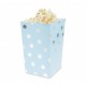 Pudełka na popcorn/słodycze niebieskie w srebrne groszki 4szt