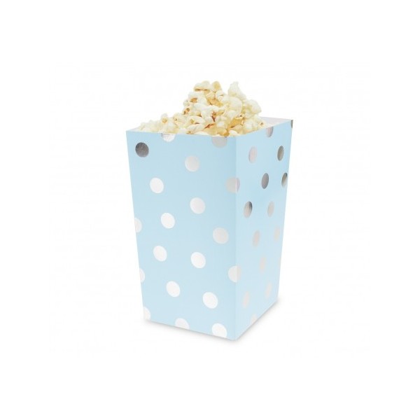 Pudełka na popcorn/słodycze niebieskie w srebrne groszki 4szt