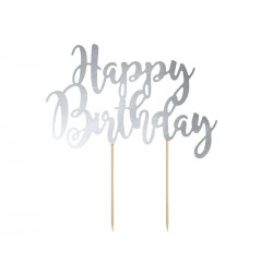Topper na tort Happy Birthday srebrny 22,5 cm