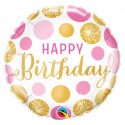 Balon foliowy Happy Birthday złote,różowe grochy 46cm