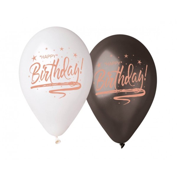 Balony Premium Happy Birthday białe i czarne 13cali 33cm 5szt