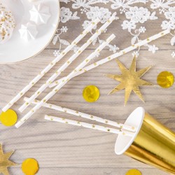 Słomki papierowe białe w gwiazdki złote 10szt