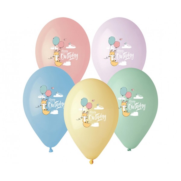 Balony pastelowe Happy Birthday Lis 13cali 33cm 6szt