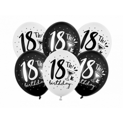 Balony 18 urodziny czarne i białe 12cali 30cm 6szt Strong