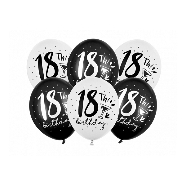Balony na 18 urodziny czarne i białe 12cali 30cm 6szt Strong