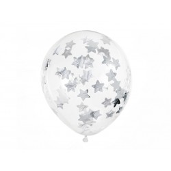 Balony transparentne konfetti srebrne gwiazdki 12cali 30cm 6szt